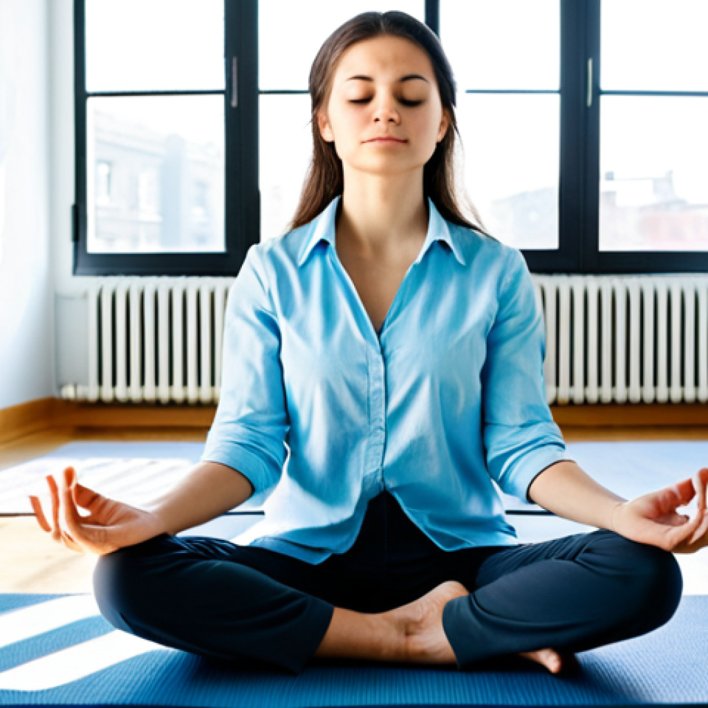 Young Professional Meditating**

"A young professional woman in her late 20s, fully clothed in modest business casual attire, sitting cross-legged on a yoga mat in a bright, modern apartment. She has her eyes closed and a serene expression. Sunlight streams through a window.  safe for work, appropriate content, professional, perfect anatomy, natural pose, well-formed hands, proper finger count, natural body proportions, high quality."

**