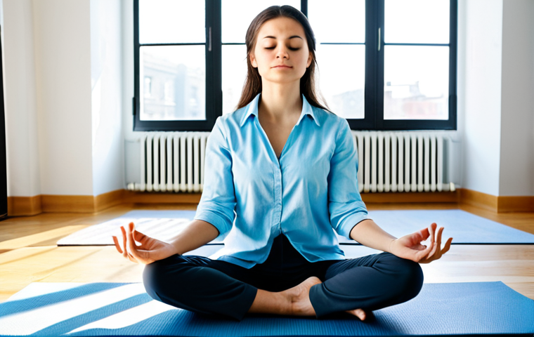 Young Professional Meditating**

"A young professional woman in her late 20s, fully clothed in modest business casual attire, sitting cross-legged on a yoga mat in a bright, modern apartment. She has her eyes closed and a serene expression. Sunlight streams through a window.  safe for work, appropriate content, professional, perfect anatomy, natural pose, well-formed hands, proper finger count, natural body proportions, high quality."

**