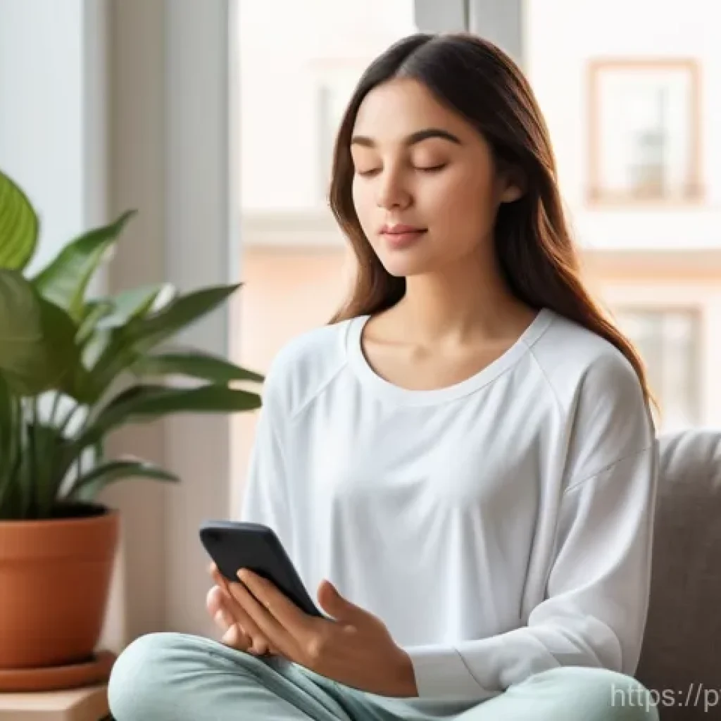 명상 앱을 활용한 정신적 성장 - **Prompt:** A tranquil young woman, with a serene expression and eyes gently closed, is comfortably ...