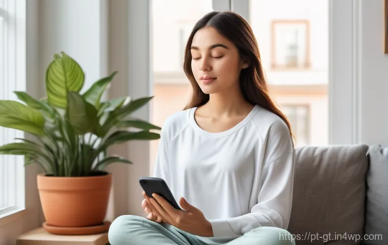 명상 앱을 활용한 정신적 성장 - **Prompt:** A tranquil young woman, with a serene expression and eyes gently closed, is comfortably ...