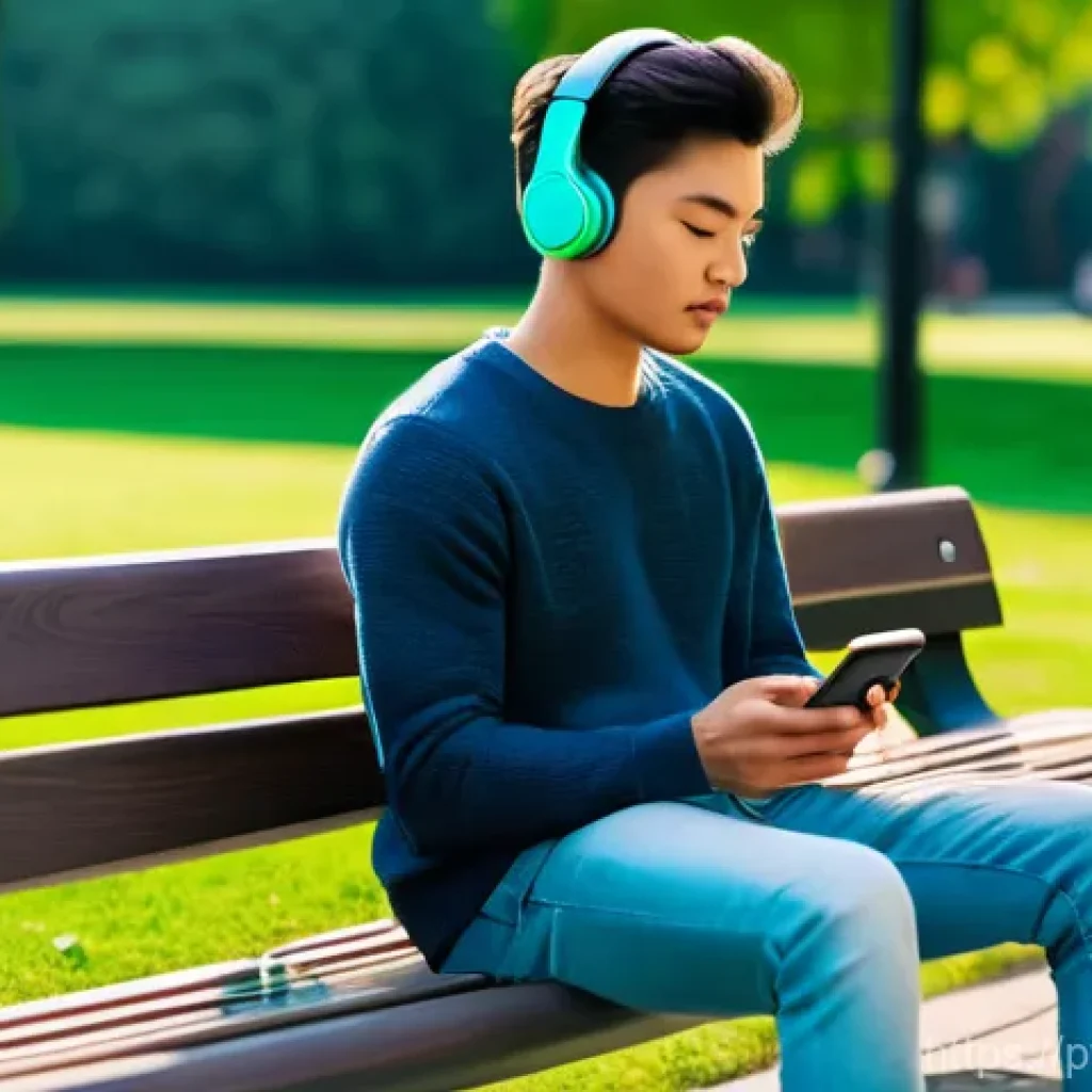 특정 주제를 위한 명상 앱 추천 - **Prompt:** A young adult, casually dressed in a comfortable sweater and jeans, is sitting on a mode...