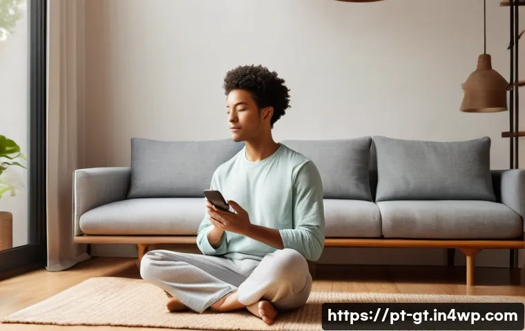 명상 앱 사용 후 변화된 일상 - **Prompt:** A young adult, diverse ethnicity, sits comfortably on a modern, minimalist sofa in a sun...