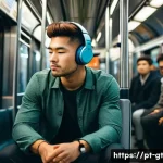 명상 앱으로 극복하는 불안감 - "A young professional, casually dressed in a comfortable yet stylish long-sleeved shirt and trousers...