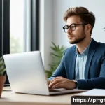 직장인을 위한 명상 앱 리뷰 - A serene office setting with a young professional meditating at their desk during a work break, wear...