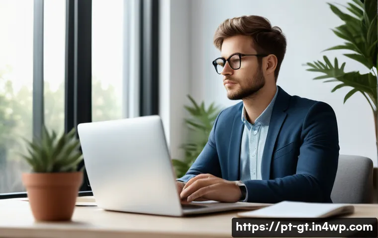 직장인을 위한 명상 앱 리뷰 - A serene office setting with a young professional meditating at their desk during a work break, wear...
