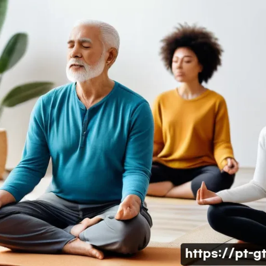 명상 앱의 성장 통계 - A diverse group of people meditating indoors, including elderly individuals using smartphones and yo...