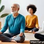 Home 19 명상 앱의 성장 통계 - A diverse group of people meditating indoors, including elderly individuals using smartphones and yo...