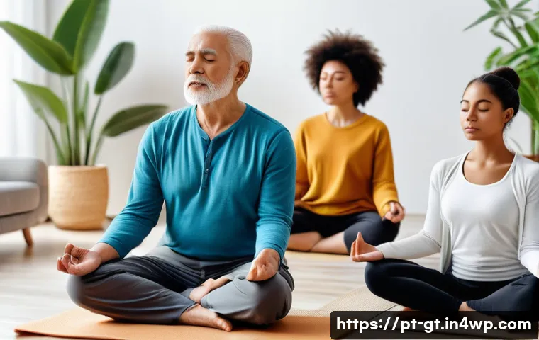 명상 앱의 성장 통계 - A diverse group of people meditating indoors, including elderly individuals using smartphones and yo...