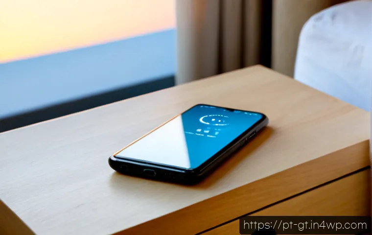 안드로이드 명상 앱 리뷰 - Photorealistic close-up of a modern Android smartphone on a tidy wooden bedside table, a calm medita...